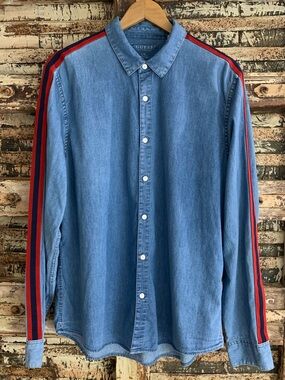 VTG 90s GUESS Men's Light Blue Soft Denim Shirt w/ Red & Navy Stripes, EUC, L